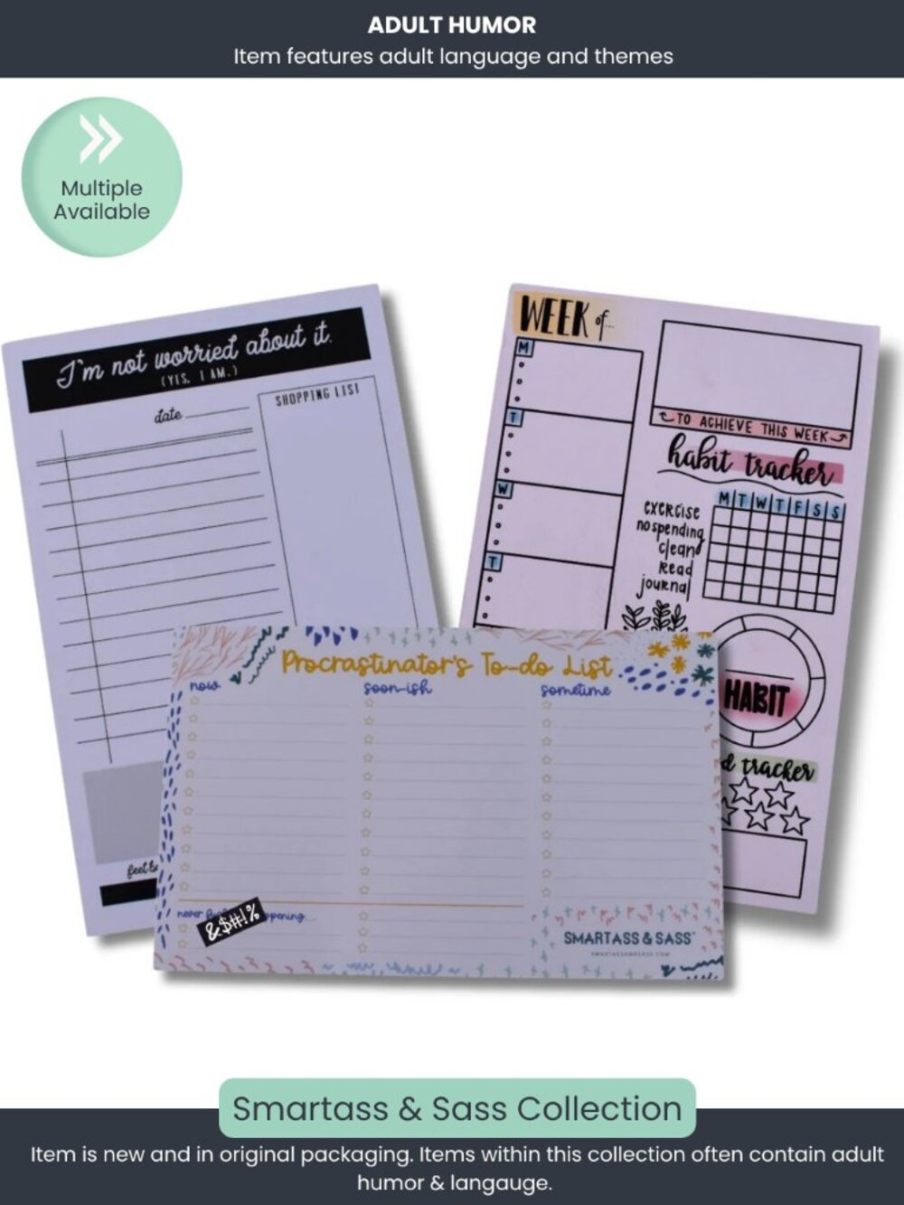 Notepad Trio – Procrastinator, Weekly Habit Tracker & “Not Worried” Bundle